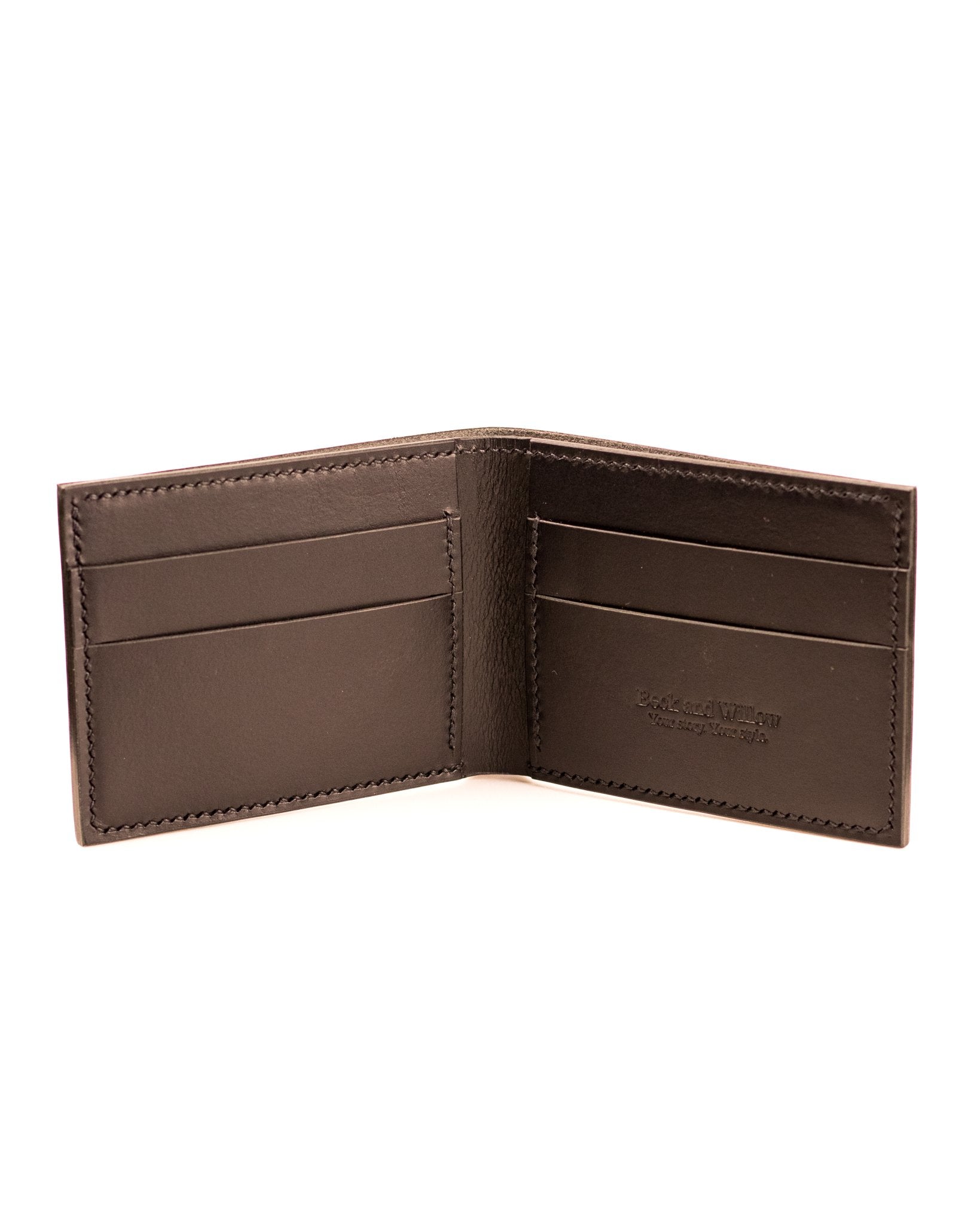 open black italian leather bifold wallet on white background