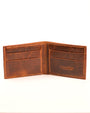 open distressed tan leather bifold wallet on white background