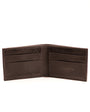 open distressed black leather bifold wallet on white background