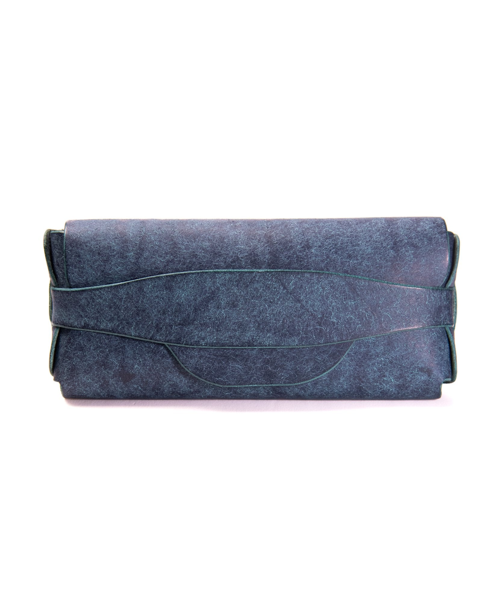 Blue leather sunglasses case on a white background