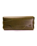 Olive green leather sunglasses case on a white background