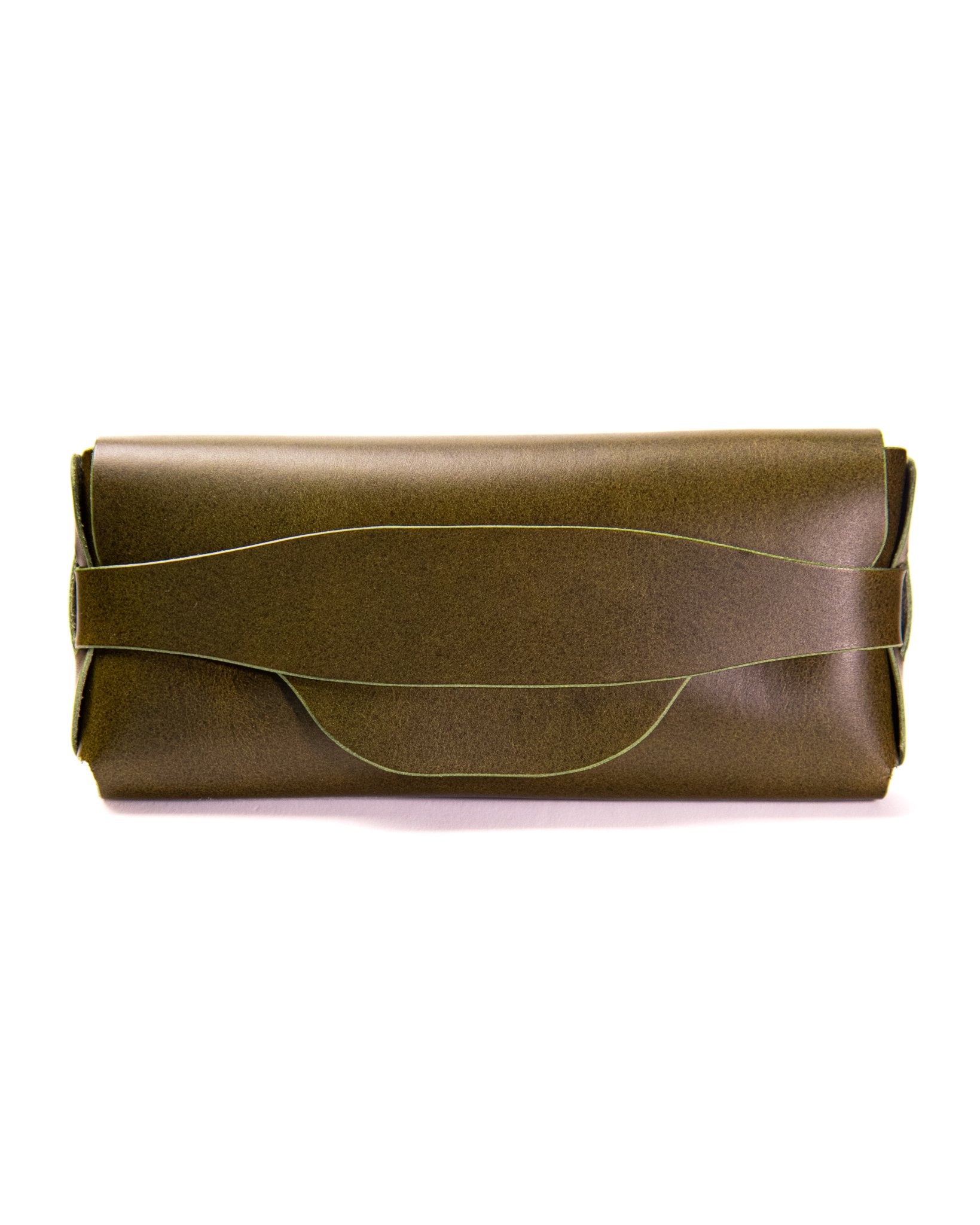 Olive green leather sunglasses case on a white background
