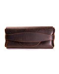 Brown leather sunglasses case on a white background