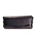 Black leather sunglasses case on a white background