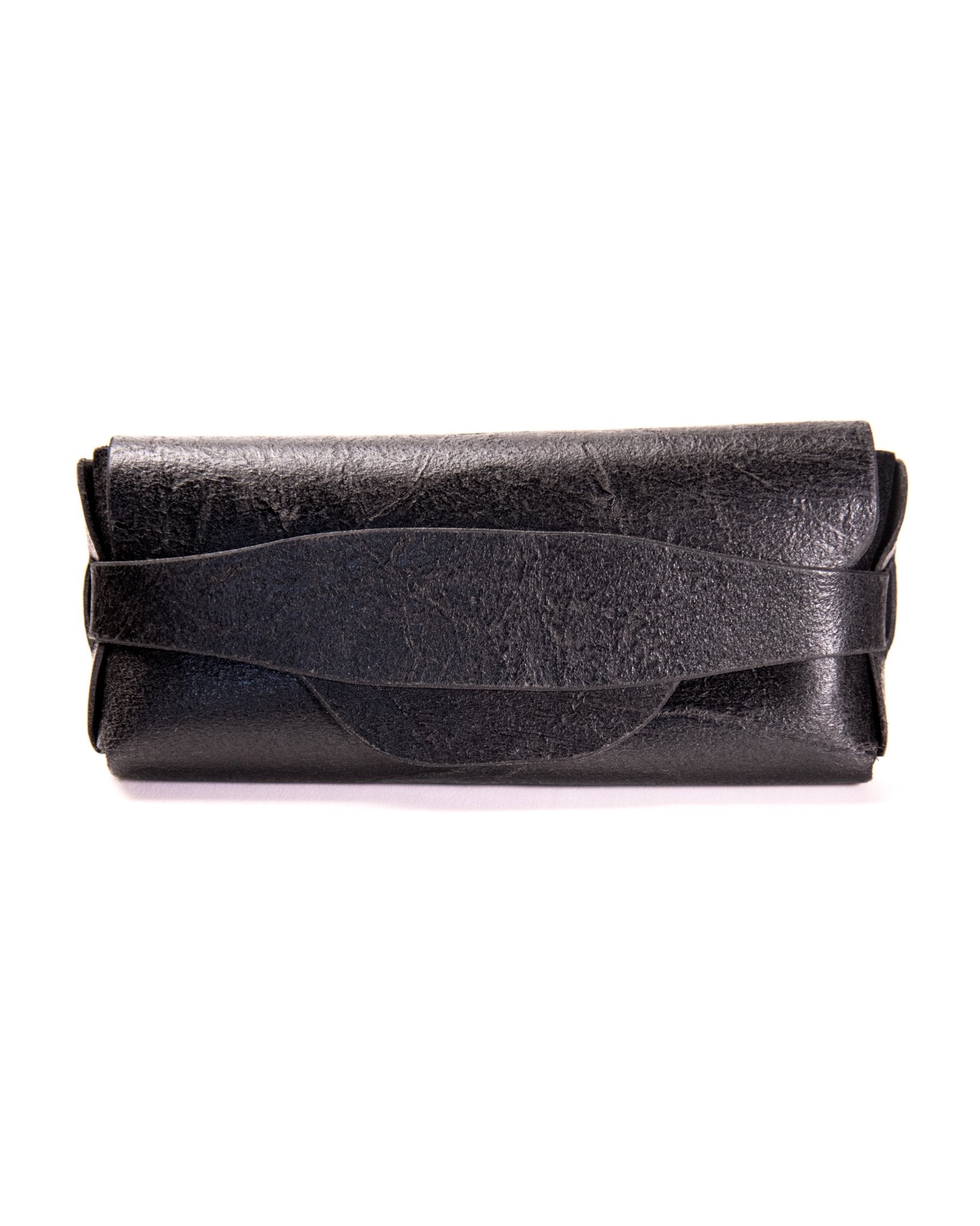 Black leather sunglasses case on a white background
